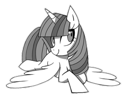 Size: 661x521 | Tagged: safe, artist:kaji-tanii, derpibooru import, twilight sparkle, twilight sparkle (alicorn), alicorn, pony, g4, female, grayscale, lying down, mare, monochrome, prone, simple background, solo, transparent background