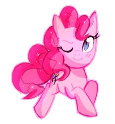 Size: 484x522 | Tagged: safe, artist:kaji-tanii, derpibooru import, pinkie pie, earth pony, pony, g4, blush lines, blushing, female, looking at you, mare, one eye closed, simple background, smiling, solo, sparkly mane, transparent background, wink, winking at you
