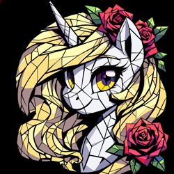 Size: 4096x4096 | Tagged: safe, artist:corymbia, derpibooru import, oc, oc only, oc:yellowstar, pony, unicorn, fanfic:the star in yellow, bust, female, flower, flower in hair, geometric, innocent, newbie artist training grounds, portrait, rose, solo, stained glass