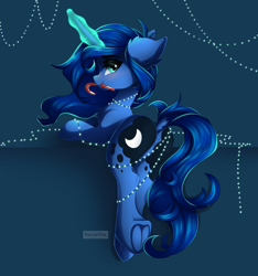 Size: 5320x5680 | Tagged: safe, artist:natanvok, derpibooru import, princess luna, pony, unicorn, g4, absurd resolution, blue background, blushing, butt, candy, candy cane, chest fluff, cute, dock, ear fluff, ears, eyebrows, eyebrows visible through hair, featureless crotch, female, food, frog (hoof), glowing, glowing horn, horn, leg fluff, looking at you, looking back, looking back at you, lunabetes, magic, magic aura, mare, mouth hold, plot, race swap, simple background, smiling, smiling at you, solo, string lights, tail, underhoof, unicorn luna, wingless