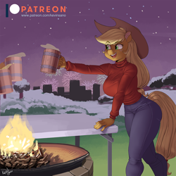 Size: 900x900 | Tagged: safe, artist:kevinsano, derpibooru import, applejack, anthro, earth pony, g4, applerack, breasts, clothes, female, fire, fireworks, mug, night, offscreen character, open mouth, solo, sweater, wide hips