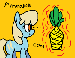 Size: 464x358 | Tagged: safe, artist:purppone, derpibooru import, sassaflash, earth pony, pony, g4, female, food, mare, ms paint, orange background, pineapple, simple background, solo, text, wingless