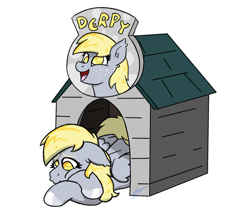 Size: 900x750 | Tagged: safe, artist:aj flame ss6, derpibooru import, derpy hooves, pegasus, pony, g4, behaving like a dog, cross-eyed, crossed hooves, doghouse, family guy, female, go to your peter house, lying down, mare, meme, prone, simple background, white background