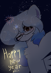 Size: 1400x2000 | Tagged: safe, artist:be_yourself, derpibooru import, oc, oc:altersmay earth, pegasus, pony, blushing, chest fluff, cute, earthbetes, fireworks, glasses, happy new year, happy new year 2024, holiday, looking at you, one eye closed, pegasus oc, planet ponies, ponified, ponified oc, solo, space, species swap, stars, wings, wink