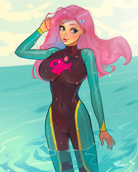 Size: 3200x4000 | Tagged: safe, artist:joe pekar, derpibooru import, part of a set, fluttershy, human, equestria girls, equestria girls series, forgotten friendship, g4, big breasts, breasts, clothes, geode of fauna, hair ornament, hootershy, magical geodes, multiple variants, ocean, raised hand, solo, swimsuit, water, wetsuit
