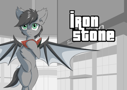 Size: 1700x1200 | Tagged: safe, artist:hovawant, derpibooru import, oc, oc only, oc:hovawant, bat pony, pony, chest fluff, ear fluff, ears, flying, food, ironstone garrys mod server, solo, text, watermelon