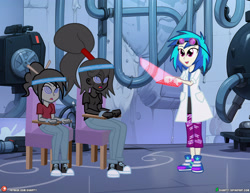 Size: 4000x3090 | Tagged: safe, artist:dieart77, derpibooru import, dj pon-3, vinyl scratch, oc, oc:ebony darkness, oc:shadow dancer, human, equestria girls, clothes, goggles, headband, lab coat, mind control, restraints, swirly eyes, tech control