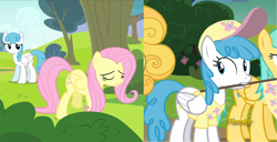 Size: 1920x981 | Tagged: safe, derpibooru import, screencap, fluttershy, lemon chiffon, lightning bolt, sunshower raindrops, white lightning, pegasus, pony, fame and misfortune, g4, hurricane fluttershy, background pony, baseball cap, cap, clothes, discovery family, discovery family logo, female, flag, hat, logo, mare, mouth hold, shirt, t-shirt