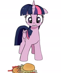 Size: 1713x2048 | Tagged: safe, artist:cheesesauce_45, derpibooru import, twilight sparkle, twilight sparkle (alicorn), alicorn, pony, g4, adorable distress, burger, cute, dropped, ears, female, floppy ears, food, looking at something, looking down, mare, sad, simple background, solo, twiabetes, twilight burgkle, white background