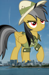 Size: 686x1032 | Tagged: safe, artist:cloudy glow, derpibooru import, edit, editor:jaredking779, daring do, pegasus, pony, g4, attack on pony, clothes, female, folded wings, giant pony, giantess, hat, highrise ponies, irl, japan, looking at you, macro, mare, photo, pith helmet, ponies in real life, raised hoof, raised leg, red eyes, smiling, smiling at you, solo, story included, tokyo, wings