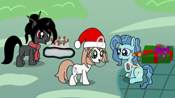 Size: 1920x1080 | Tagged: safe, artist:platinumdrop, derpibooru import, oc, oc:ebony darkness, oc:healing touch, oc:petunia paleo, earth pony, unicorn, bandage, cake, christmas, commission, female, filly, foal, food, hat, holiday, levitation, magic, pickaxe, present, santa hat, smiling, stethoscope, talking, telekinesis