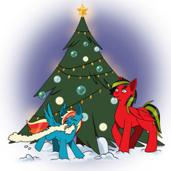 Size: 2000x2000 | Tagged: safe, artist:erein, derpibooru import, oc, oc only, oc:dark, oc:storm, changeling, pegasus, pony, changeling oc, christmas, christmas lights, christmas tree, colored, commission, cute, duo, ears up, eyes closed, flat colors, happy, high res, holiday, male, multicolored hair, outdoors, parents:canon x oc, pegasus oc, snow, string lights, tree, wings