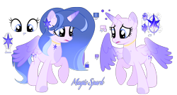 Size: 4545x2430 | Tagged: safe, artist:lighteespark, artist:moonlightshineyt123, derpibooru import, oc, oc only, oc:spark sentry, alicorn, pony, g4, base used, female, mare, offspring, parent:flash sentry, parent:twilight sparkle, parents:flashlight, reference sheet, solo