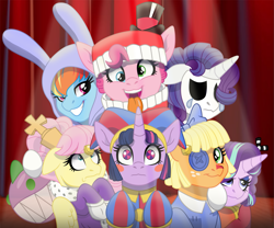 Size: 2163x1796 | Tagged: safe, artist:faitheverlasting, derpibooru import, applejack, fluttershy, pinkie pie, rainbow dash, rarity, spike, starlight glimmer, twilight sparkle, twilight sparkle (alicorn), alicorn, dragon, earth pony, pegasus, pony, unicorn, g4, alternate eye color, alternate hairstyle, animal costume, beady eyes, blush sticker, blushing, bow, bubble, bubble (tadc), bunny costume, bunny ears, button eyes, caine (tadc), clothes, cosplay, costume, crossover, crying, curtains, derp, dress, ears, female, floppy ears, gangle, grin, group shot, hair bow, hat, heterochromia, hoof gloves, jax (tadc), jester, jester hat, jester outfit, kigurumi, kinger, mane eight, mare, mask, mismatched eyes, open mouth, open smile, patch, pomni, ragatha, ringmaster, robes, sharp teeth, smiling, species swap, teeth, the amazing digital circus, tongue, tongue out, top hat, worried, zooble