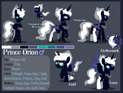 Size: 4552x3439 | Tagged: safe, artist:dixieadopts, derpibooru import, oc, oc:orion, alicorn, pony, colt, foal, hybrid wings, male, offspring, parent:lord tirek, parent:princess luna, reference sheet, solo, stallion, wings