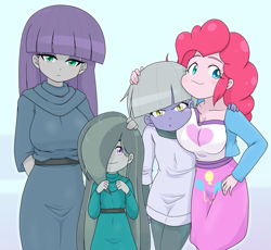 Size: 2511x2313 | Tagged: safe, artist:batipin, derpibooru import, limestone pie, marble pie, maud pie, pinkie pie, human, equestria girls, g4, :3, boob squish, breasts, cleavage, clothes, equestria girls-ified, family photo, female, hair over one eye, high res, hug, looking at you, maud pies, pie sisters, pinkie pies, siblings, sisters, squishy cheeks
