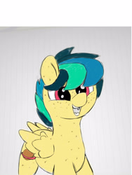 Size: 3120x4160 | Tagged: safe, artist:bazza, artist:thatmlpartist, artist:zestymf, color edit, derpibooru import, edit, editor:bazza, editor:zestymf, oc, oc only, oc:apogee, pegasus, pony, colored, feathered wings, female, freckles, happy, looking away, mare, multicolored hair, older, older oc:apogee, pegasus oc, pegasus wings, pony oc, recolor, simple background, small wings, smiling, solo, spread wings, teeth, wings