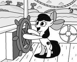 Size: 706x567 | Tagged: safe, artist:starwarriorjian, derpibooru import, apple bloom, applejack, earth pony, pony, g4, bipedal, boat, female, filly, foal, grayscale, life preserver, mare, monochrome, open mouth, solo, steamboat willie, steering wheel, tree