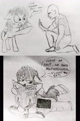 Size: 3480x5232 | Tagged: safe, artist:dhm, derpibooru import, oc, oc:anon, oc:anon filly, pony, angry, censor bar, censored, comic, drawthread, ears back, female, filly, foal, implied pooping, middle finger, monochrome, newspaper, pointing, revenge, sketch, speech bubble, text, traditional art, vulgar