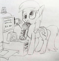 Size: 2609x2696 | Tagged: safe, artist:dhm, derpibooru import, derpy hooves, pegasus, pony, g4, bread, drawthread, food, groceries, grocery store, high res, monochrome, shopping, sketch, solo, traditional art