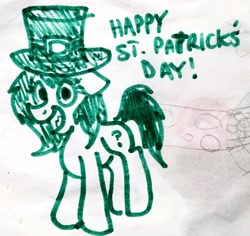 Size: 3159x2979 | Tagged: safe, artist:dhm, derpibooru import, oc, oc:anon filly, pony, female, filly, foal, high res, holiday, marker drawing, monochrome, saint patrick's day, solo, text, traditional art