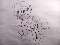 Size: 4160x3120 | Tagged: safe, artist:dhm, derpibooru import, oc, pony, drawthread, happy, jumping, monochrome, sketch, smiling, solo, traditional art