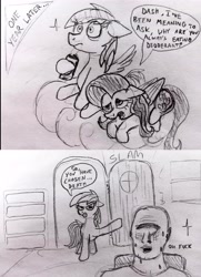 Size: 3403x4701 | Tagged: safe, artist:dhm, derpibooru import, fluttershy, rainbow dash, oc, oc:anon, pony, angry, cloud, comic, concerned, deodorant, door, drawthread, heartbeat, imminent death, monochrome, prank, shock, sketch, slam, speech bubble, speed stick, sweat, text, traditional art, trolling, vulgar