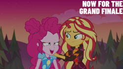 Size: 2000x1125 | Tagged: safe, derpibooru import, edit, edited screencap, editor:quoterific, screencap, pinkie pie, sunset shimmer, better together, equestria girls, g4, sunset's backstage pass!