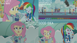 Size: 2000x1125 | Tagged: safe, derpibooru import, edit, edited screencap, editor:quoterific, screencap, alizarin bubblegum, coral pink, curly winds, fleur-de-lis, fluttershy, rainbow dash, some blue guy, sophisticata, tennis match, track starr, better together, equestria girls, g4, rollercoaster of friendship