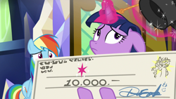 Size: 1280x720 | Tagged: safe, derpibooru import, screencap, discord, rainbow dash, twilight sparkle, twilight sparkle (alicorn), alicorn, g4, the beginning of the end, check, twilight's castle