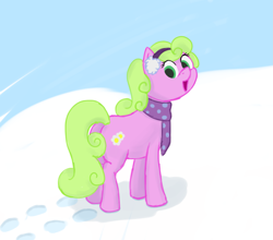 Size: 1979x1738 | Tagged: safe, artist:frilanka, derpibooru import, daisy, flower wishes, earth pony, pony, g4, clothes, earmuffs, looking at you, looking back, looking back at you, scarf, snow, solo