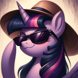 Size: 2048x2048 | Tagged: safe, ai content, derpibooru import, generator:bing image creator, machine learning generated, twilight sparkle, twilight sparkle (alicorn), alicorn, pony, g4, blushing, bust, female, hat, high res, like a boss, mare, prompter:krivovyaz, raised hoof, raised leg, smiling, smug, solo, sunglasses, sunglasses on head