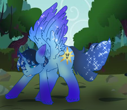 Size: 3024x2607 | Tagged: source needed, safe, artist:sillypinkpony, derpibooru import, oc, oc only, oc:blue thunder, alicorn, pony, alicorn oc, forest, high res, horn, nature, shiny, sparkle, tree, wings