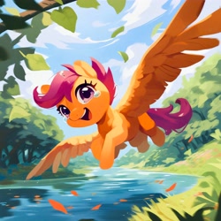 Size: 4096x4096 | Tagged: safe, ai content, derpibooru import, generator:purplesmart.ai, generator:stable diffusion, machine learning generated, scootaloo, pegasus, pony, g4, absurd resolution, cloud, crying, day, falling leaves, female, flying, grass, leaves, looking at you, mare, missing cutie mark, open mouth, open smile, prompter:k. dale, scootaloo can fly, smiling, smiling at you, solo, spread wings, tears of joy, tree, water, wings