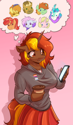 Size: 1896x3224 | Tagged: safe, artist:witchtaunter, derpibooru import, oc, oc only, anthro, anthro oc, chibi, clothes, coffee, commission, hoodie, implied lesbian, implied transgender, lesbian pride flag, phone, pride, pride flag, solo, thinking, thought bubble, transgender pride flag