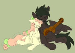 Size: 2800x2000 | Tagged: safe, artist:puppie, derpibooru import, oc, oc:stormchaser, oc:sunnypatch, pegasus, cute, guitar, high res, musical instrument, simple background, singing, sleeping