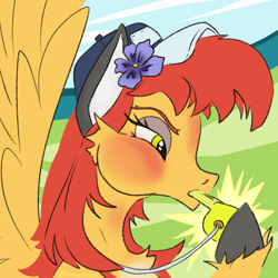 Size: 1450x1450 | Tagged: safe, artist:destiny_manticor, derpibooru import, oc, oc only, oc:olivia yamakara, fox, fox pony, hybrid, pegasus, pony, blowing whistle, coaching cap, ear fluff, ears, female, flower, flower in hair, mare, mascara, puffy cheeks, red face, red hair, referee, referee olivia yamakara, unshorn fetlocks, whistle