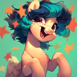 Size: 4096x4096 | Tagged: safe, ai content, derpibooru import, generator:purplesmart.ai, generator:stable diffusion, machine learning generated, oc, oc only, oc:apogee, pegasus, pony, chest fluff, cute, diageetes, female, filly, foal, freckles, green background, happy, looking sideways, ocbetes, open mouth, open smile, red eyes, short mane, shoulder freckles, simple background, smiling, solo, standing, stars