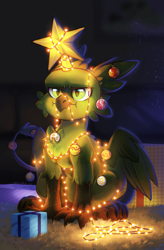 Size: 2954x4507 | Tagged: safe, artist:dorkmark, derpibooru import, oc, oc only, oc:wolferd lagrest, griffon, :i, bauble, being a christmas tree, chest fluff, christmas, christmas lights, christmas ornament, christmas star, decoration, griffon oc, high res, holiday, partially open wings, present, sitting, solo, stars, string lights, three quarter view, wings