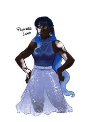 Size: 2830x3860 | Tagged: safe, artist:artbysarf, derpibooru import, princess luna, human, g4, alternate hairstyle, clothes, dark skin, dress, ear piercing, earring, elf ears, eyeshadow, female, high res, humanized, jewelry, makeup, necklace, piercing, see-through, simple background, skirt, solo, vitiligo, white background