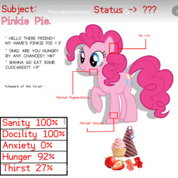 Size: 630x631 | Tagged: safe, artist:makikofox3535, derpibooru import, pinkie pie, earth pony, pony, g4, cupcake, female, food, gummy bear, hat, party hat, simple background, solo, strawberry, white background