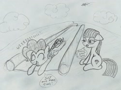 Size: 3548x2637 | Tagged: safe, artist:dhm, derpibooru import, maud pie, pinkie pie, pegasus, pony, g4, cloud, drawthread, fast, flying, fun, high res, hill, monochrome, playing, sketch, sky, slip n slide, speech bubble, traditional art, wholesome