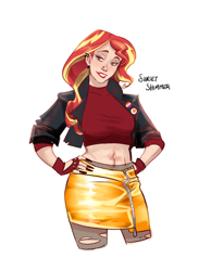 Size: 2830x3860 | Tagged: safe, artist:artbysarf, derpibooru import, sunset shimmer, human, g4, alternate hairstyle, bedroom eyes, belly button, clothes, ear piercing, earring, female, fingerless gloves, fishnets, freckles, gloves, grin, high res, humanized, jacket, jewelry, leather, leather jacket, lesbian pride flag, lips, makeup, midriff, nail polish, nose piercing, piercing, pride, pride flag, ripped stockings, short shirt, simple background, skirt, smiling, solo, stockings, thigh highs, torn clothes, white background