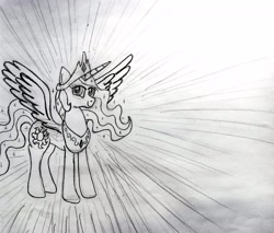 Size: 3659x3120 | Tagged: safe, artist:dhm, derpibooru import, princess celestia, pony, g4, drawthread, glowing, high res, looking at you, monochrome, sketch, smiling, solo, spread wings, traditional art, wings