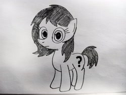 Size: 4160x3120 | Tagged: safe, artist:dhm, derpibooru import, oc, oc:anon filly, pony, blank stare, cute, female, filly, foal, monochrome, sketch, solo, thousand yard stare, traditional art