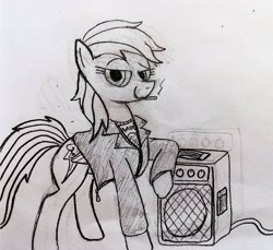 Size: 3053x2797 | Tagged: safe, artist:dhm, derpibooru import, rainbow dash, pony, g4, amplifier, cigarette, clothes, cool, faic, high res, jacket, leather, leather jacket, looking at you, monochrome, punk, sketch, smug, smugdash, solo, traditional art