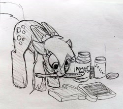 Size: 3006x2648 | Tagged: safe, artist:dhm, derpibooru import, derpy hooves, pony, g4, bread, cute, food, high res, jelly, knife, monochrome, peanut butter, sandwich, sketch, solo, traditional art, wholesome