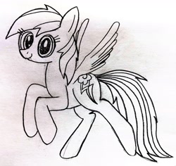 Size: 3127x2956 | Tagged: safe, artist:dhm, derpibooru import, rainbow dash, pony, g4, cute, high res, looking at you, monochrome, raised hooves, sketch, smiling, smiling at you, solo, spread wings, traditional art, wings