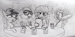 Size: 3936x1965 | Tagged: safe, artist:dhm, derpibooru import, oc, oc:anon filly, pony, beard, drink, drinking, drunk, facial hair, female, filly, foal, glasses, hat, laughing, lights, monochrome, redlettermedia, sketch, table, traditional art, vhs