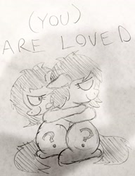 Size: 2279x2965 | Tagged: safe, artist:dhm, derpibooru import, oc, oc:anon filly, pony, /mlp/, female, filly, foal, high res, hug, love, mare fair, monochrome, sketch, traditional art, wholesome